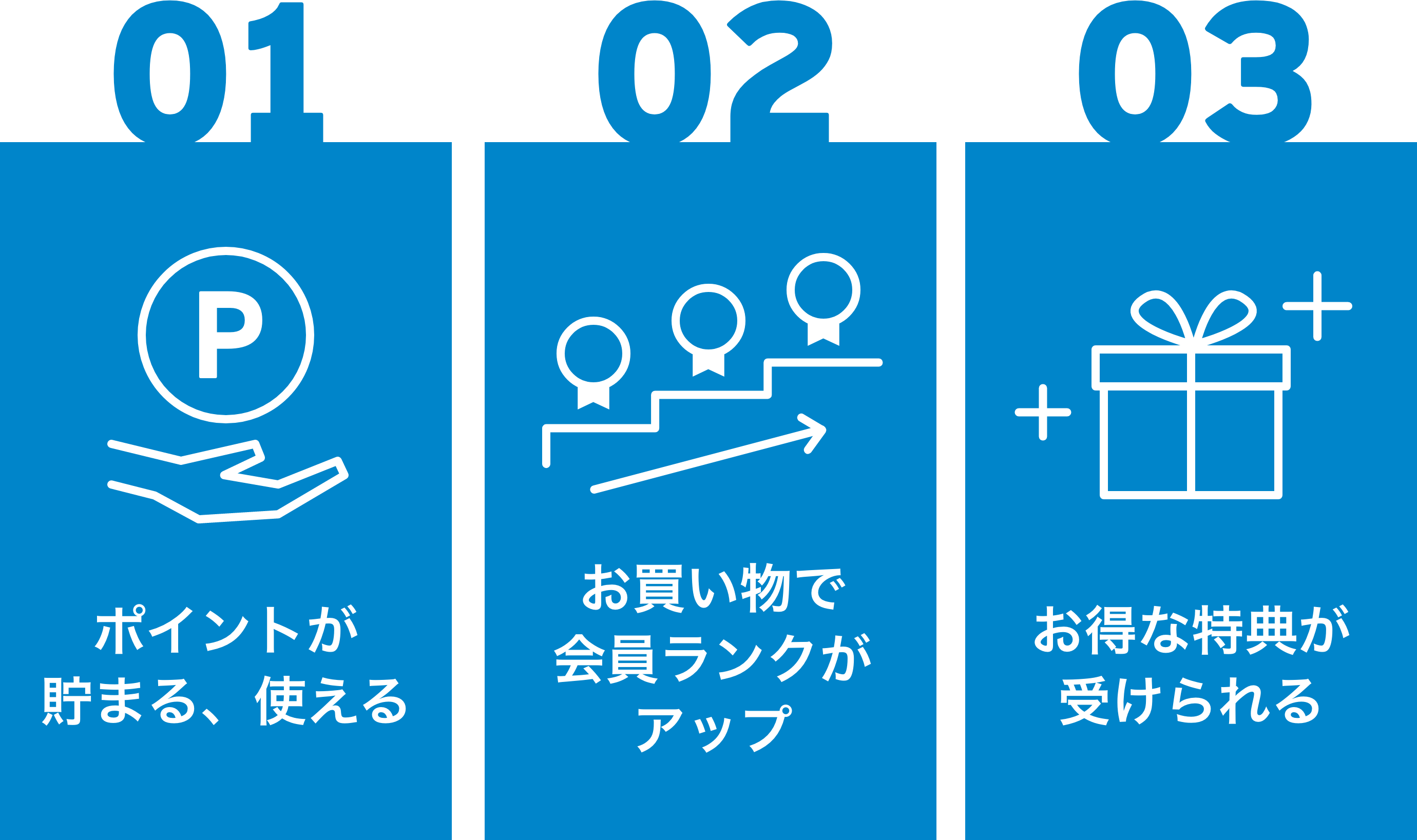 01 ポイントが貯まる、使える, 02 お買い物で会員ランクがアップ, 03 お得な特典が受けられる